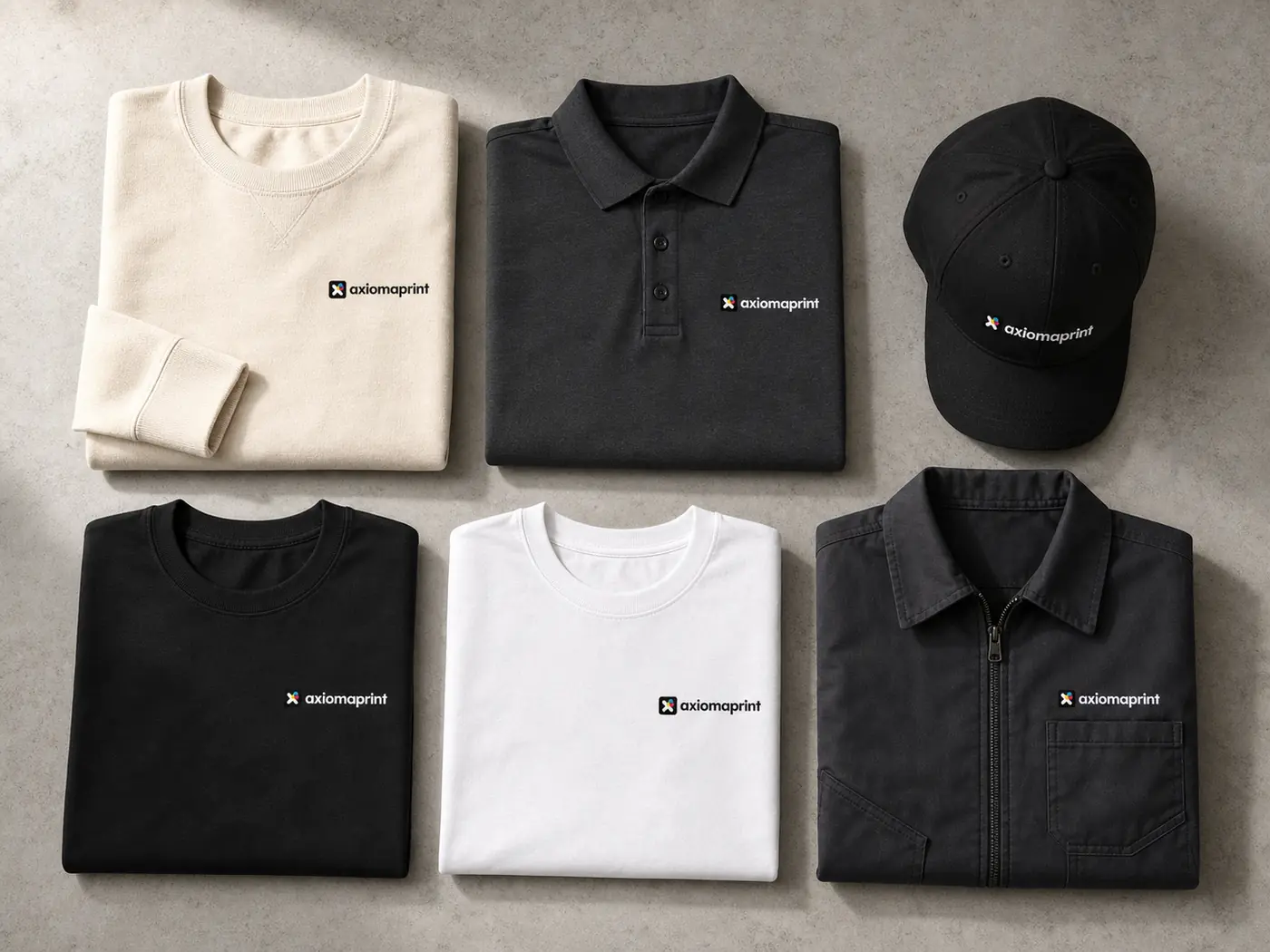 Sudadera cruda, polo gris, gorra negra, camisetas negra y blanca y chaqueta de trabajo, colocadas en rejilla con el logotipo en el pecho
