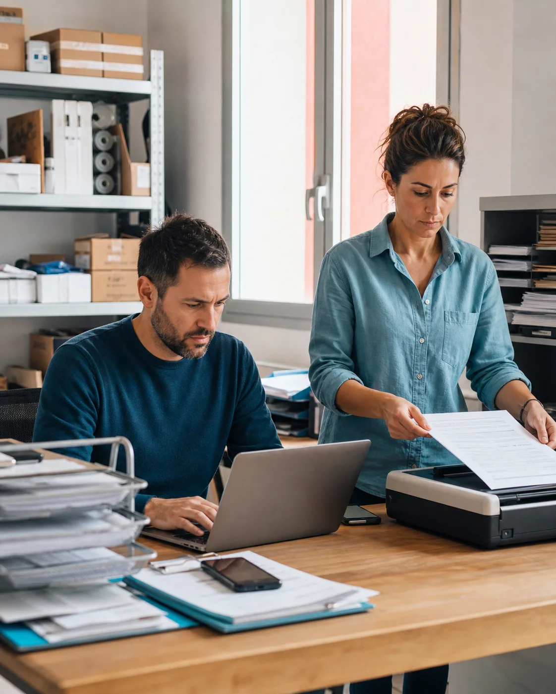 Equipo administrativo digitalizando documentos y coordinando tareas repetitivas desde sus herramientas habituales