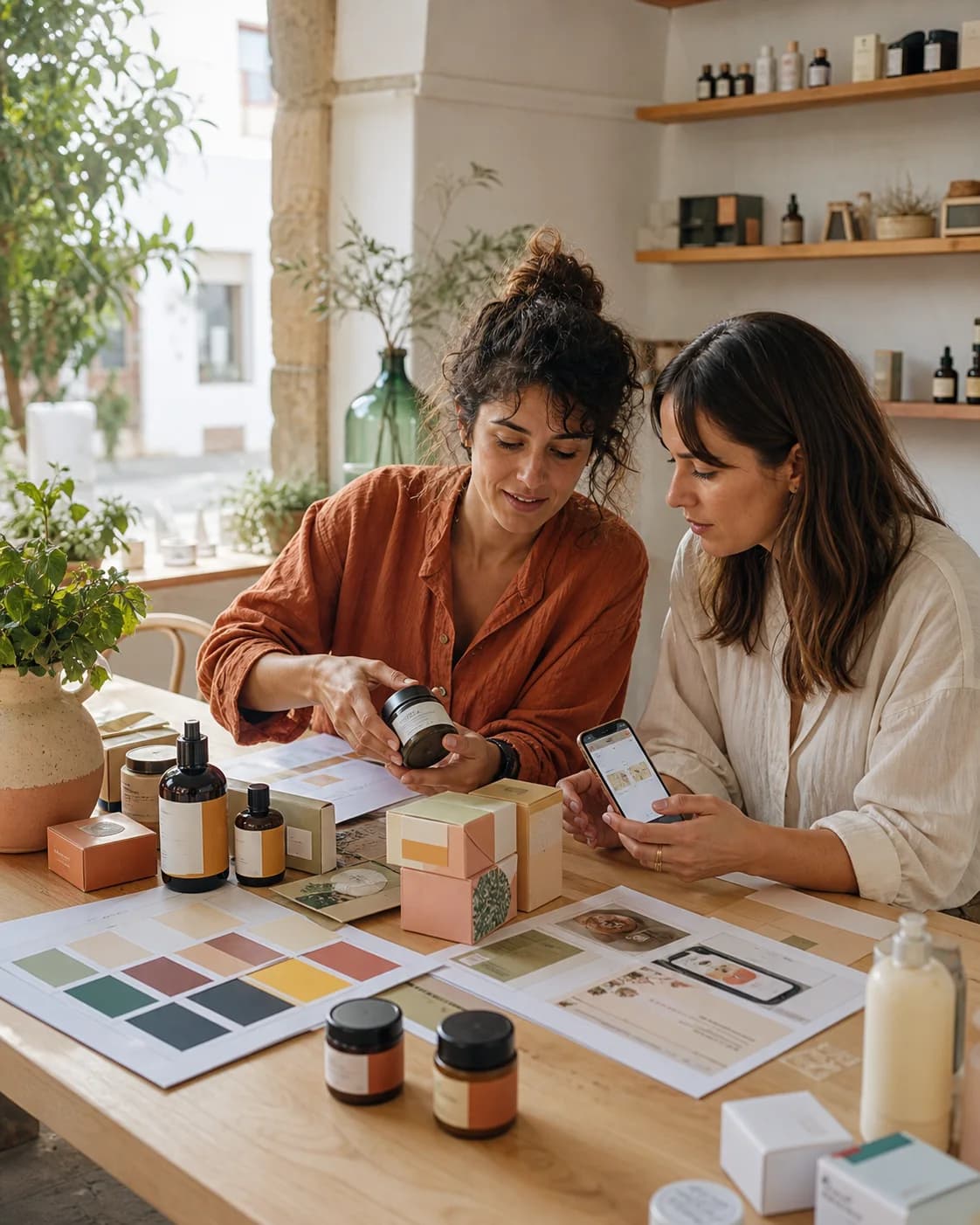 Emprendedora y diseñadora revisando envases, colores y experiencia móvil para una marca de cosmética