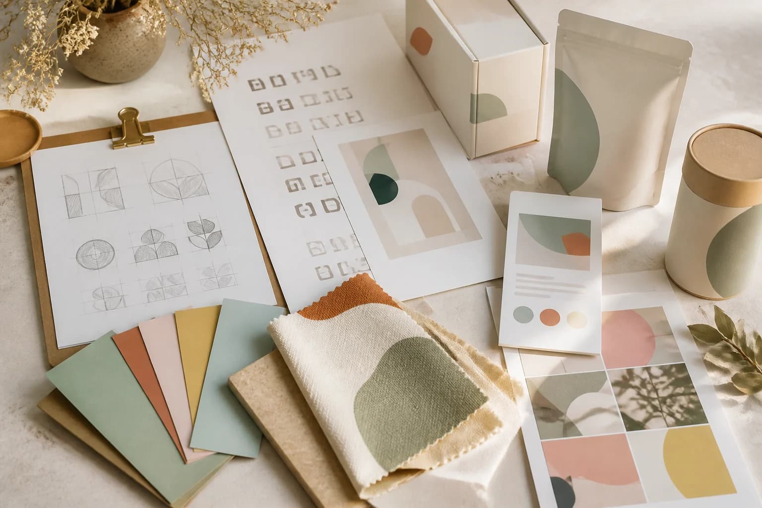 Sistema de marca construido con bocetos, color, packaging y aplicaciones digitales
