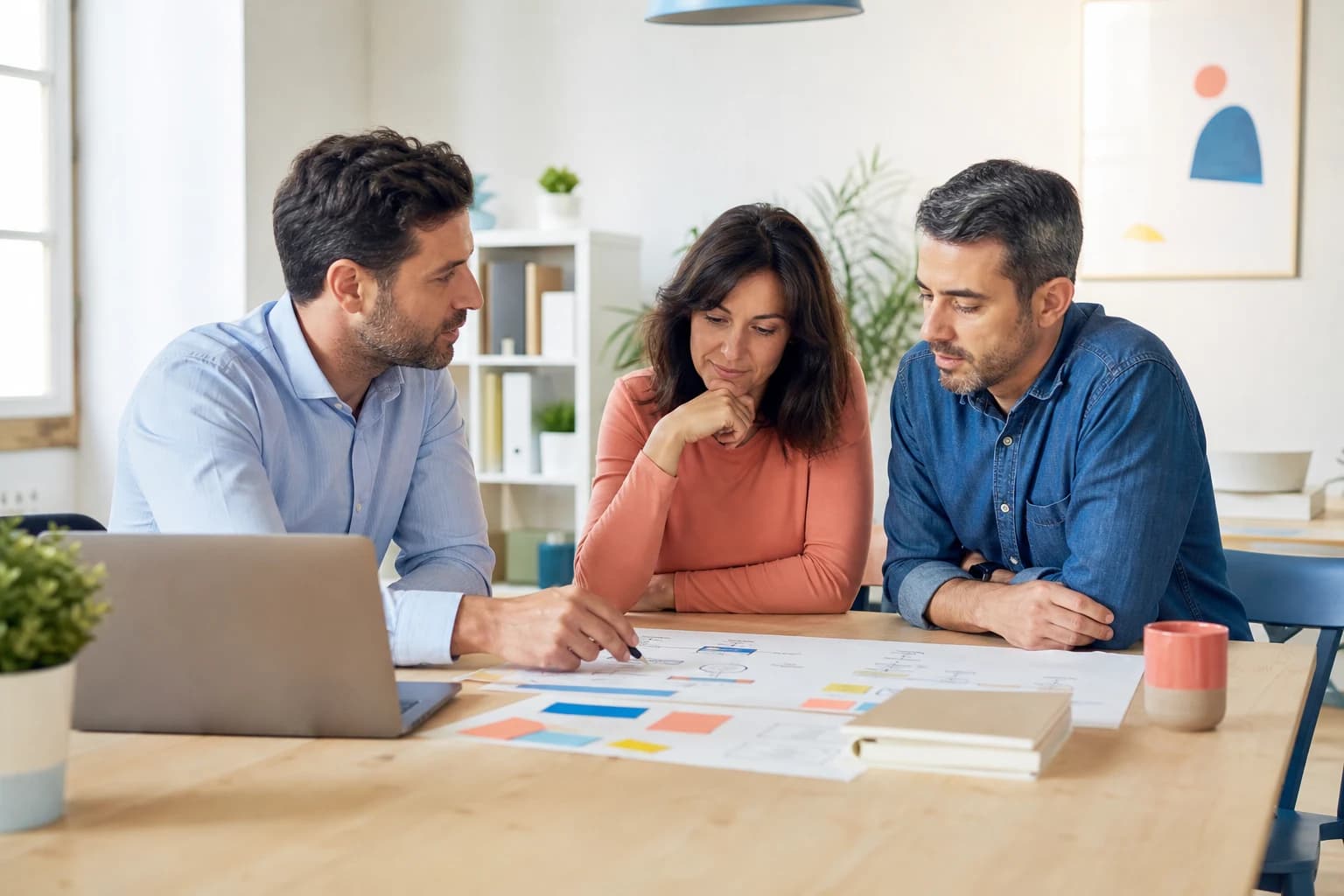 Equipo directivo y consultora revisando prioridades sobre una mesa de trabajo