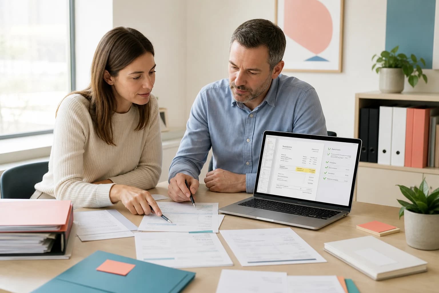 Profesionales revisando documentos y resultados asistidos por inteligencia artificial