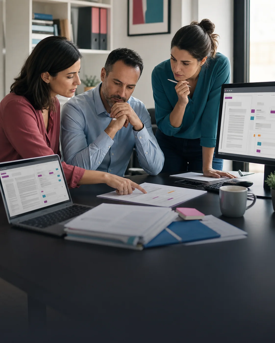 Equipo revisando documentos y resultados de inteligencia artificial antes de tomar una decisión