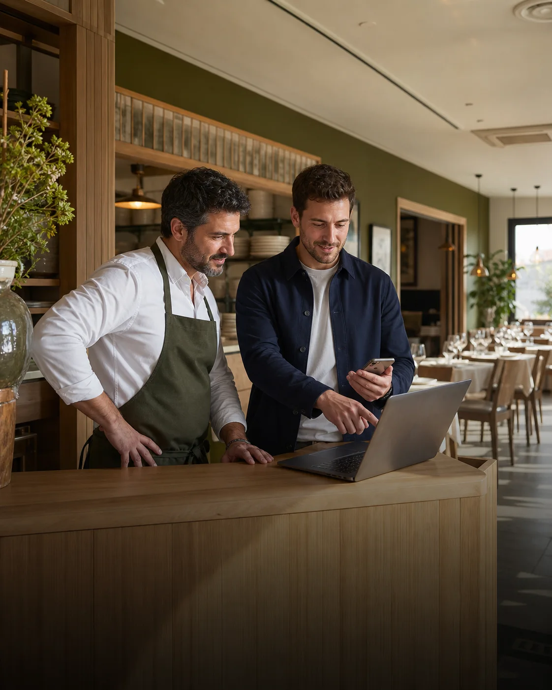 Responsable de un restaurante y técnico revisando la web y el sistema de reservas