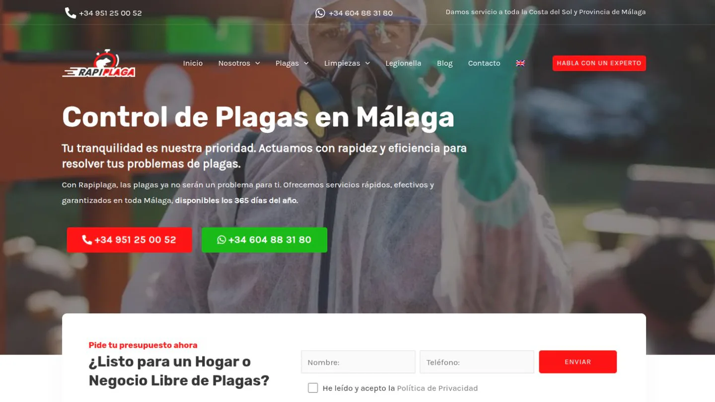 Portada de Rapiplaga, web de control de plagas en Málaga