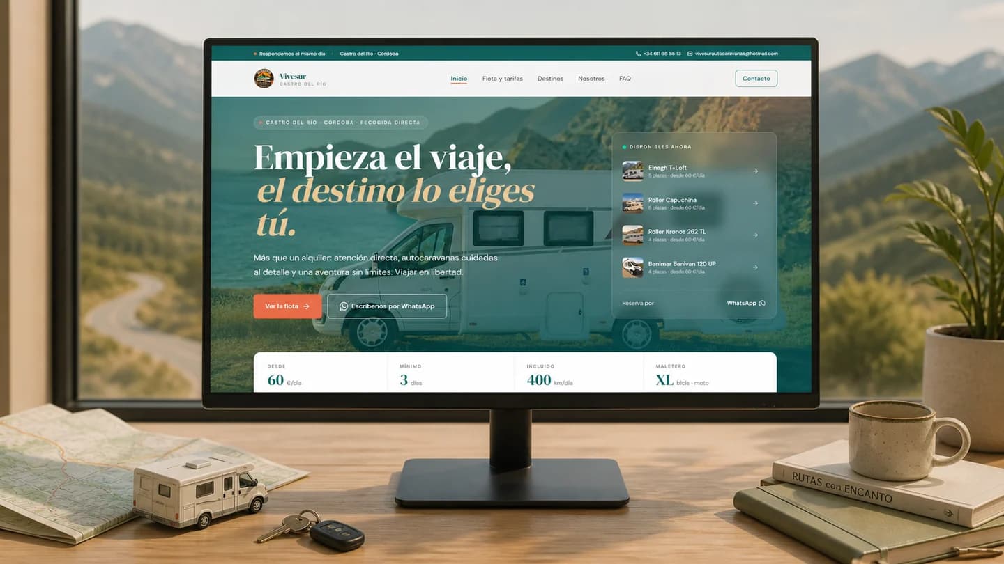 Web de Vivesur Autocaravanas presentada en un entorno de planificación de viajes