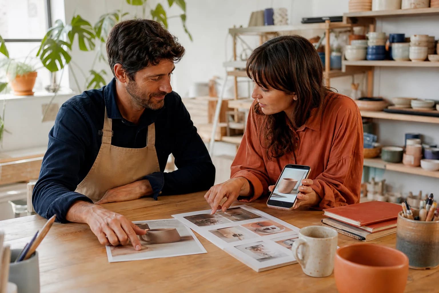 Responsable de un negocio y especialista preparando las fotografías y la página de una campaña