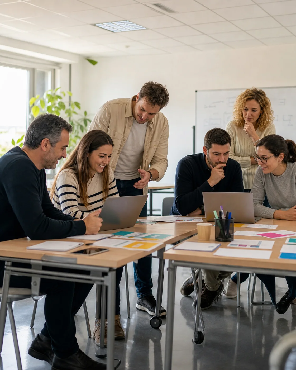 Equipo participando en un taller práctico de inteligencia artificial con ejercicios propios