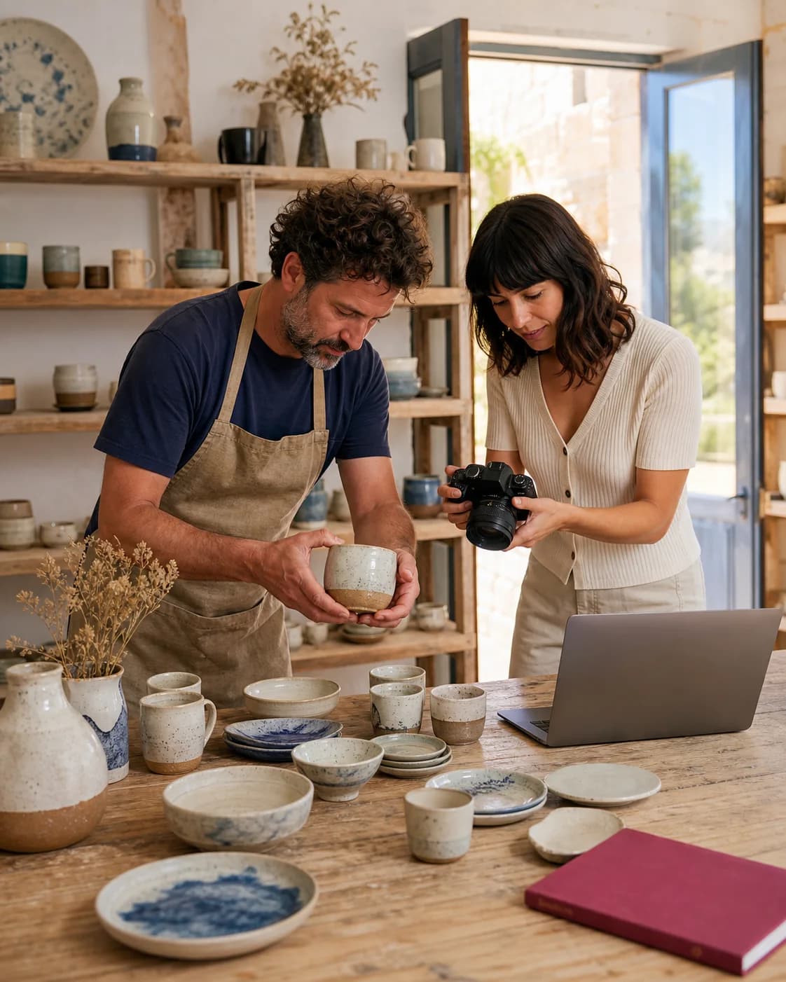 Artesano y diseñadora preparando el catálogo fotográfico de una tienda online de cerámica