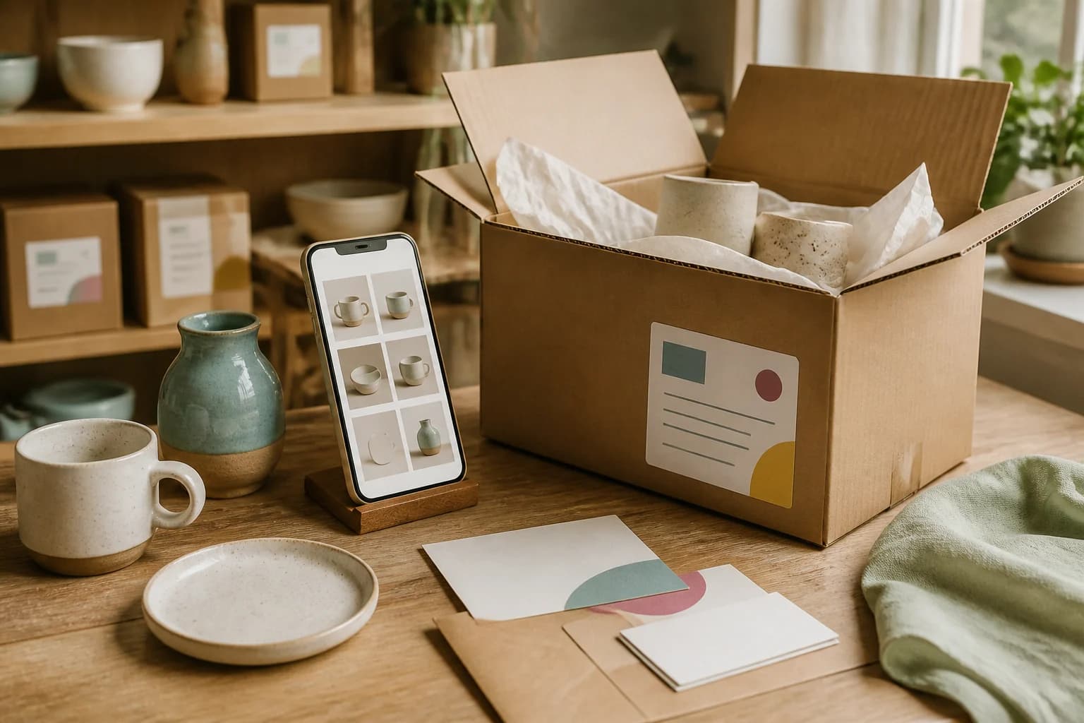 Productos, embalaje y catálogo móvil preparados para una tienda online