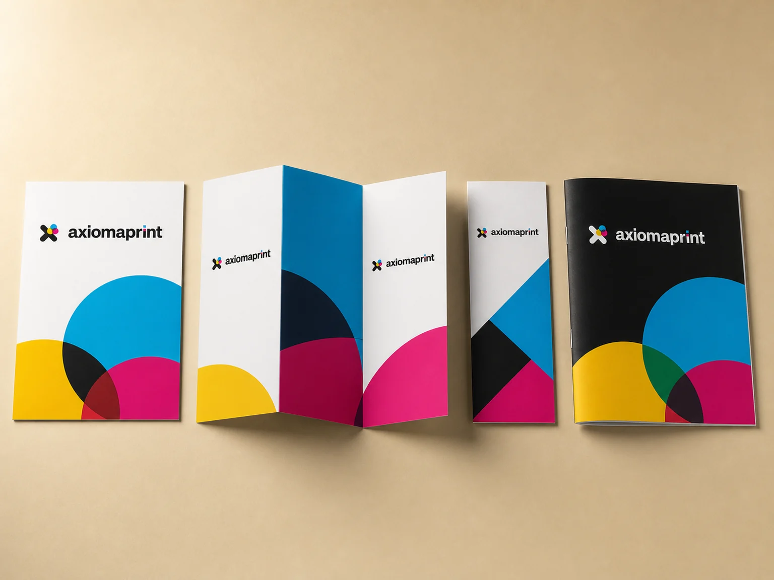 Flyer, díptico abierto, tríptico y catálogo grapado con portadas de círculos de color sobre fondo beige