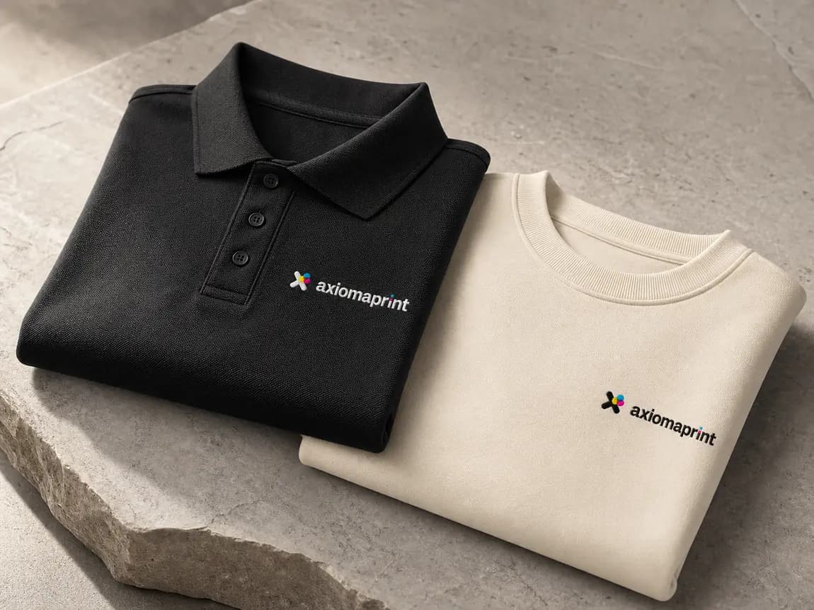 Polo negro y sudadera color crudo doblados sobre una piedra, ambos con el logotipo aplicado en el pecho