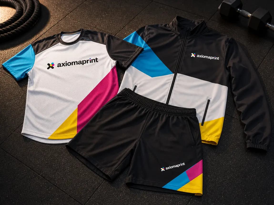 Camiseta técnica, pantalón corto y chaqueta de chándal a juego, con bloques de color cian, magenta y amarillo, en el suelo de un gimnasio