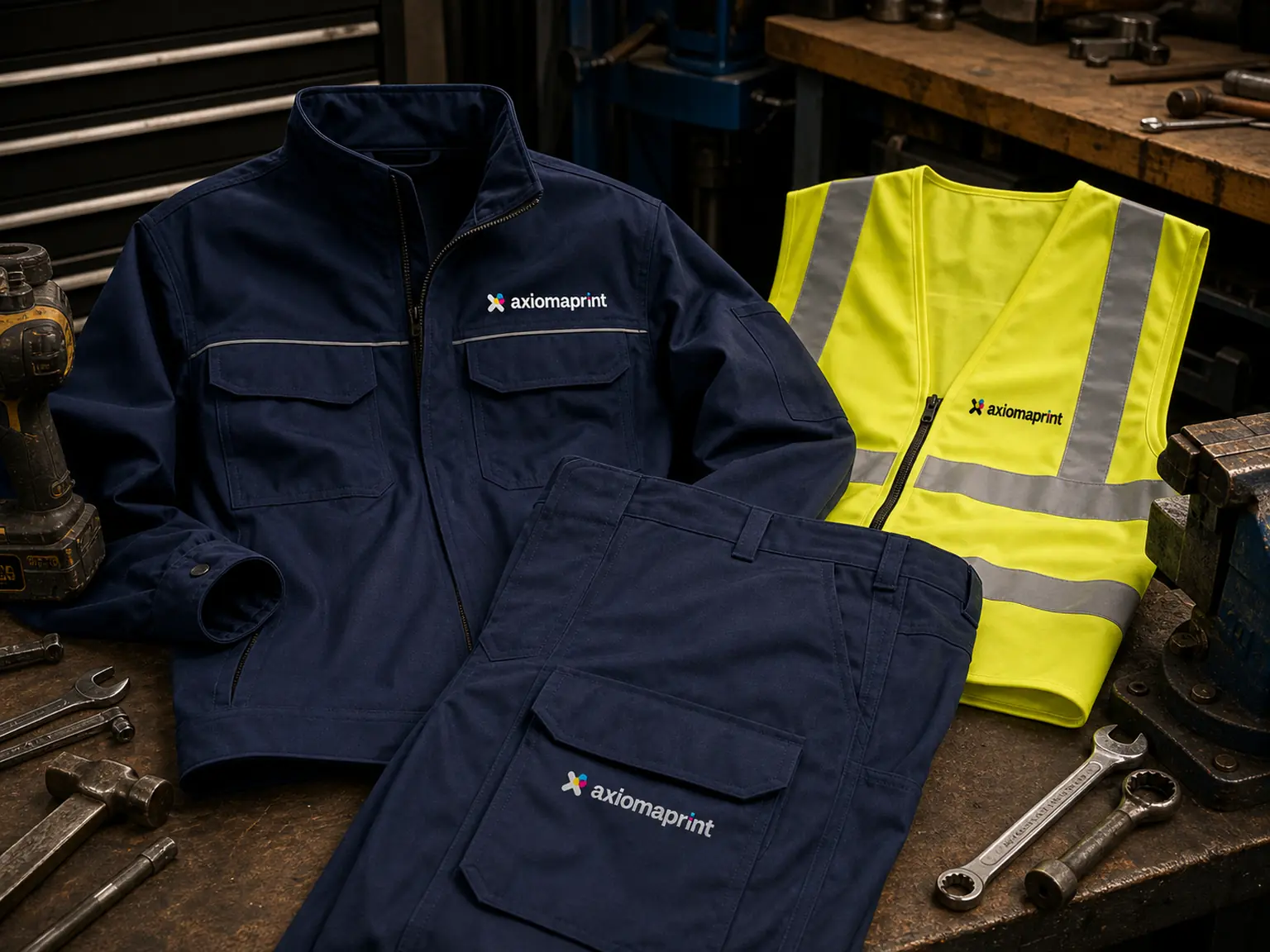 Chaqueta y pantalón de trabajo azul marino junto a un chaleco amarillo de alta visibilidad sobre un banco de taller con herramientas