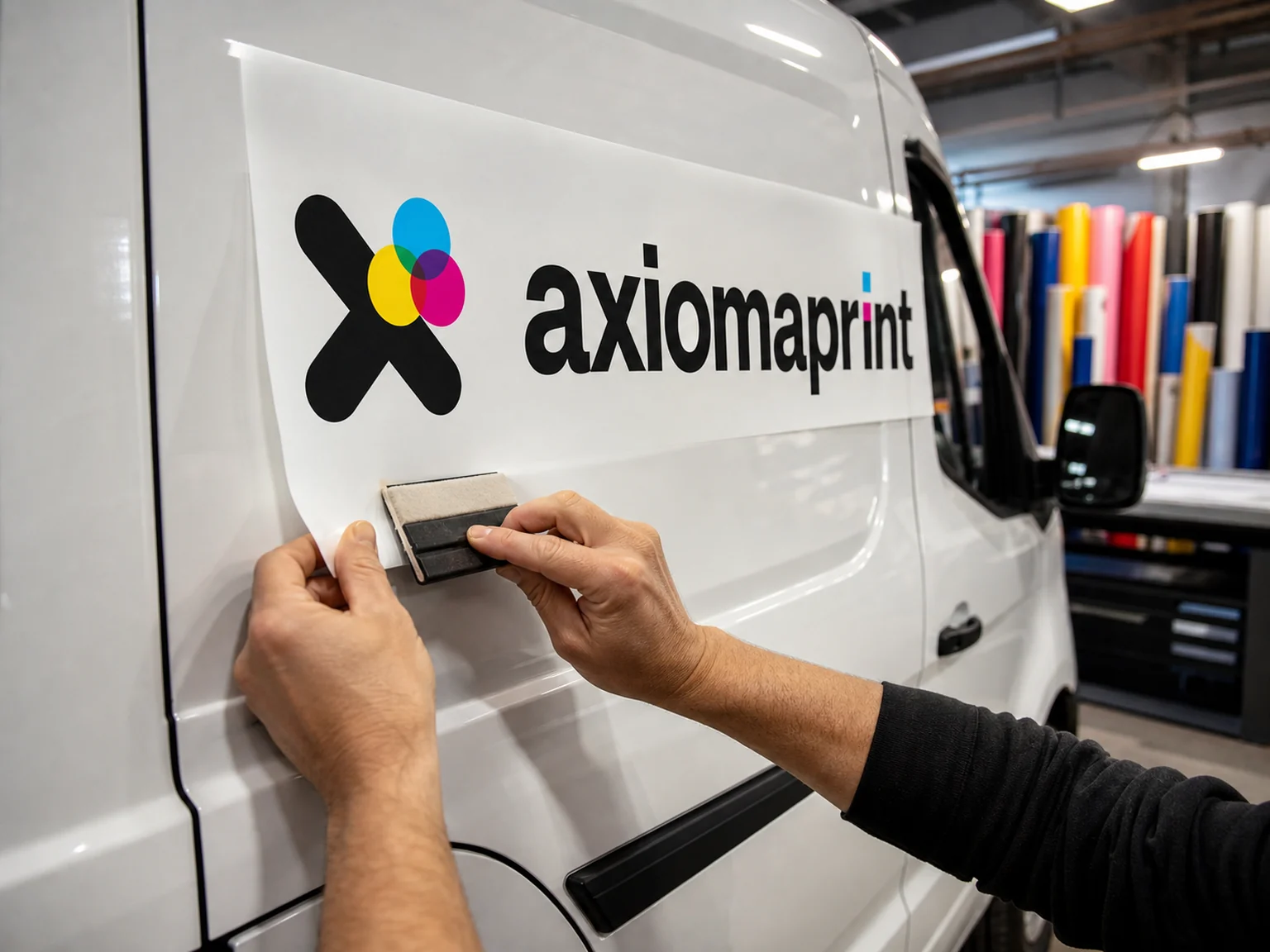 Manos aplicando con espátula un vinilo con el logotipo en el lateral de una furgoneta blanca, con rollos de vinilo de colores al fondo