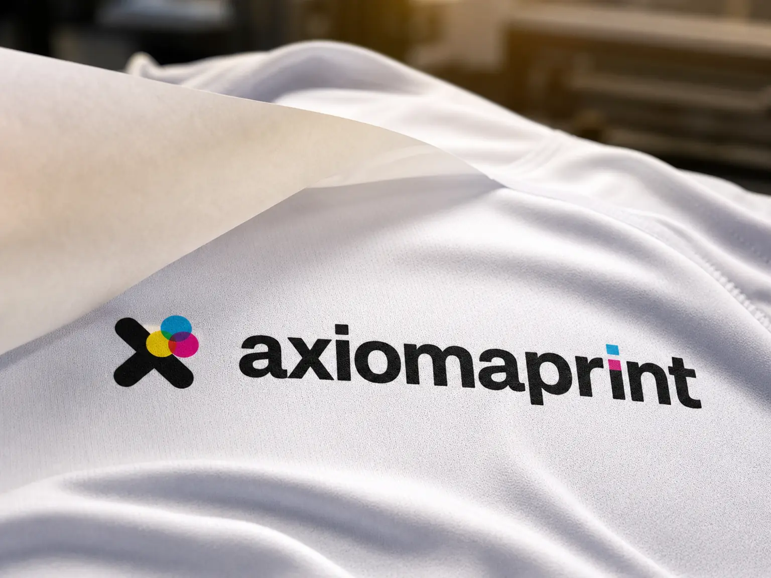 Papel de transferencia levantándose de una prenda técnica blanca en la que el logotipo queda integrado en el tejido