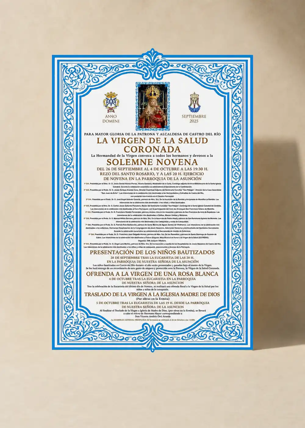 Cartel impreso de la novena de una hermandad, con orla ornamental