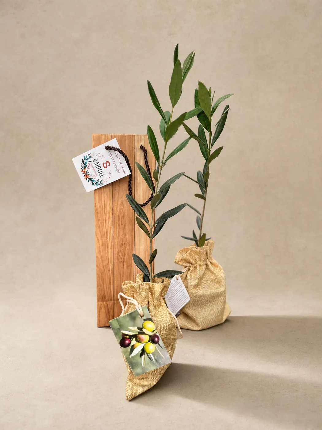 Plantones de olivo en saquitos de arpillera con tarjetas personalizadas