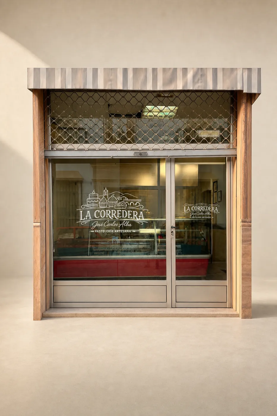 Escaparate de una pastelería con el logotipo aplicado en vinilo sobre el cristal