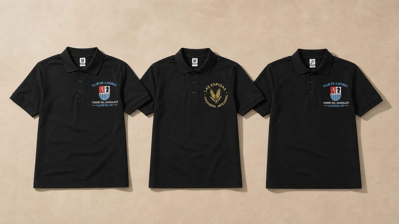 Tres polos negros con emblemas bordados de un club y una panadería