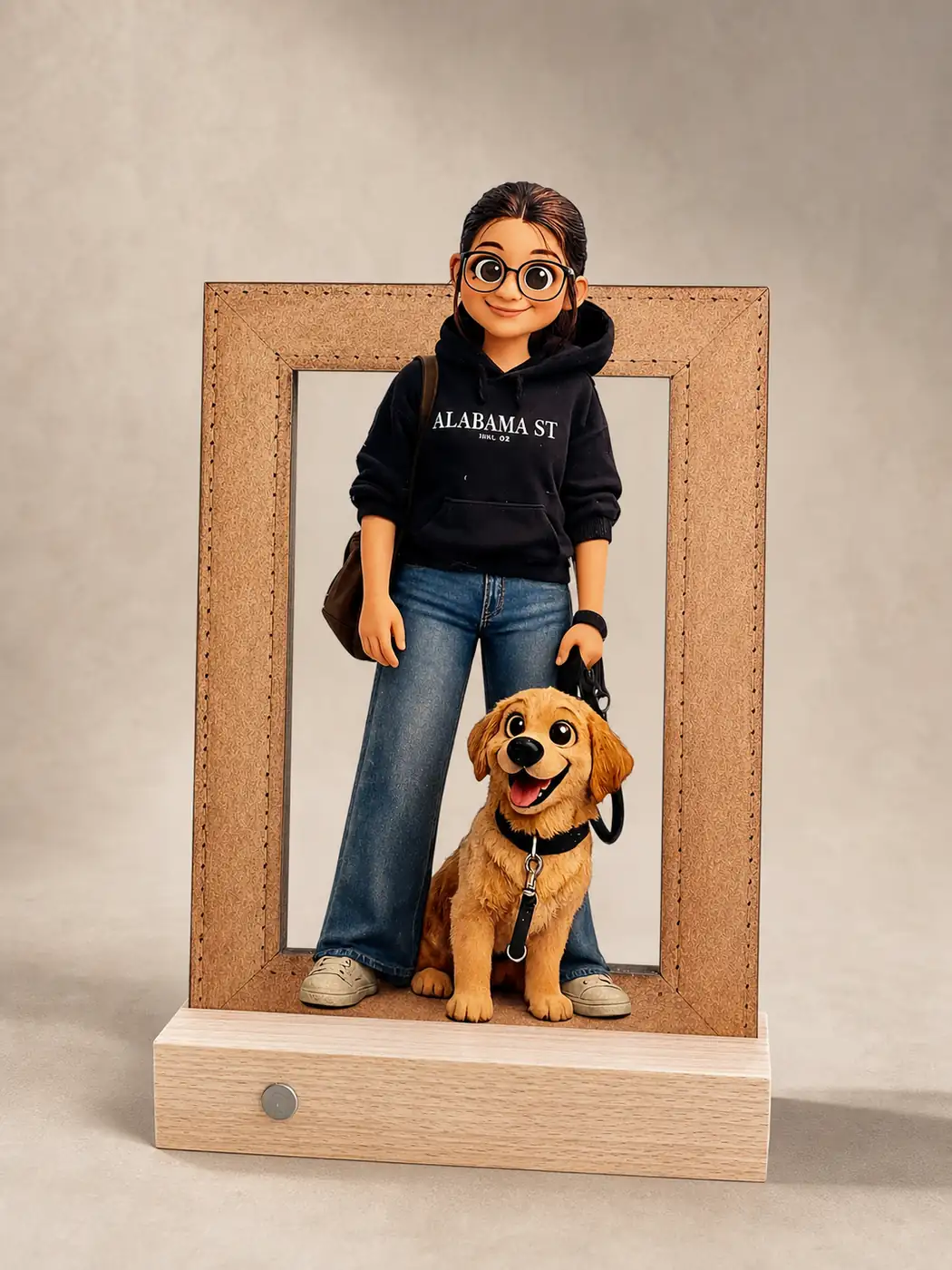Retrato ilustrado de una persona con su perro, impreso, troquelado y montado sobre una peana de madera