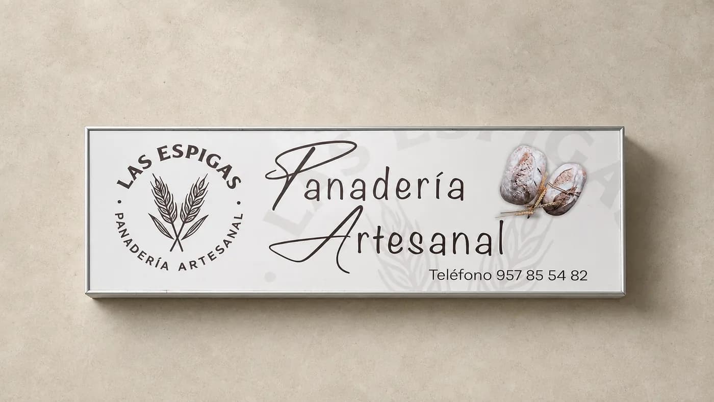 Rótulo de fachada de una panadería artesanal con marco de aluminio