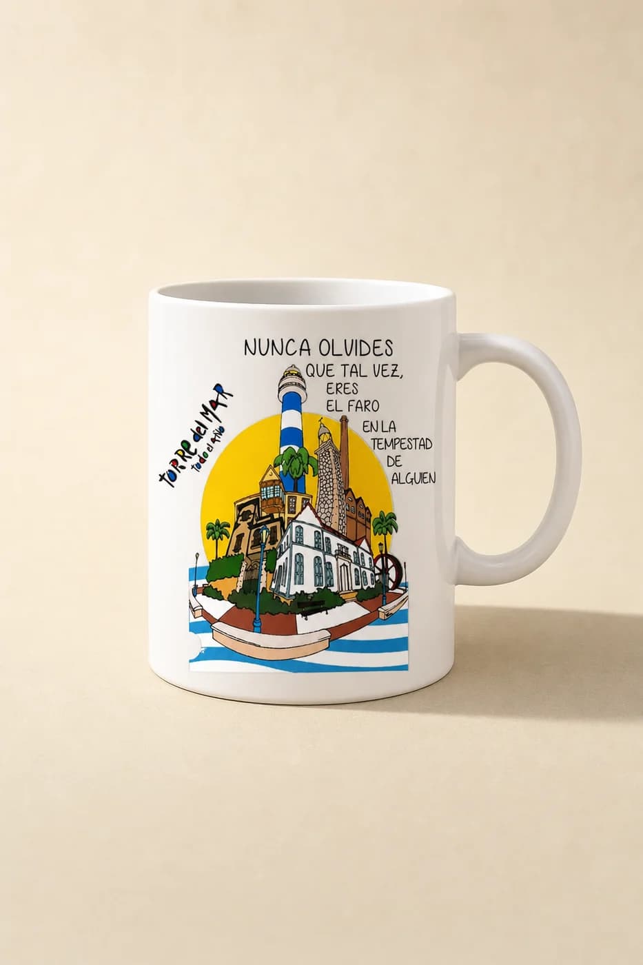 Taza blanca con ilustración a color de un pueblo costero
