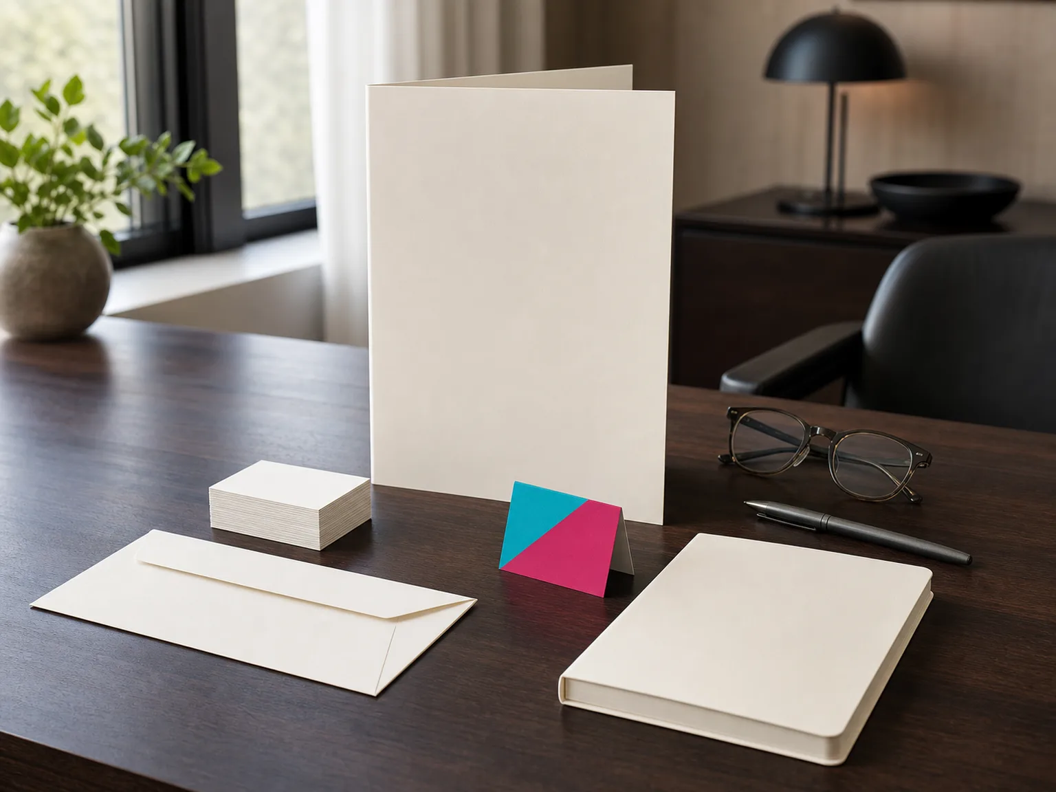 Carpeta, tarjetas, sobre y libreta sin marcar, junto a unas gafas y un bolígrafo, sobre una mesa oscura de oficina