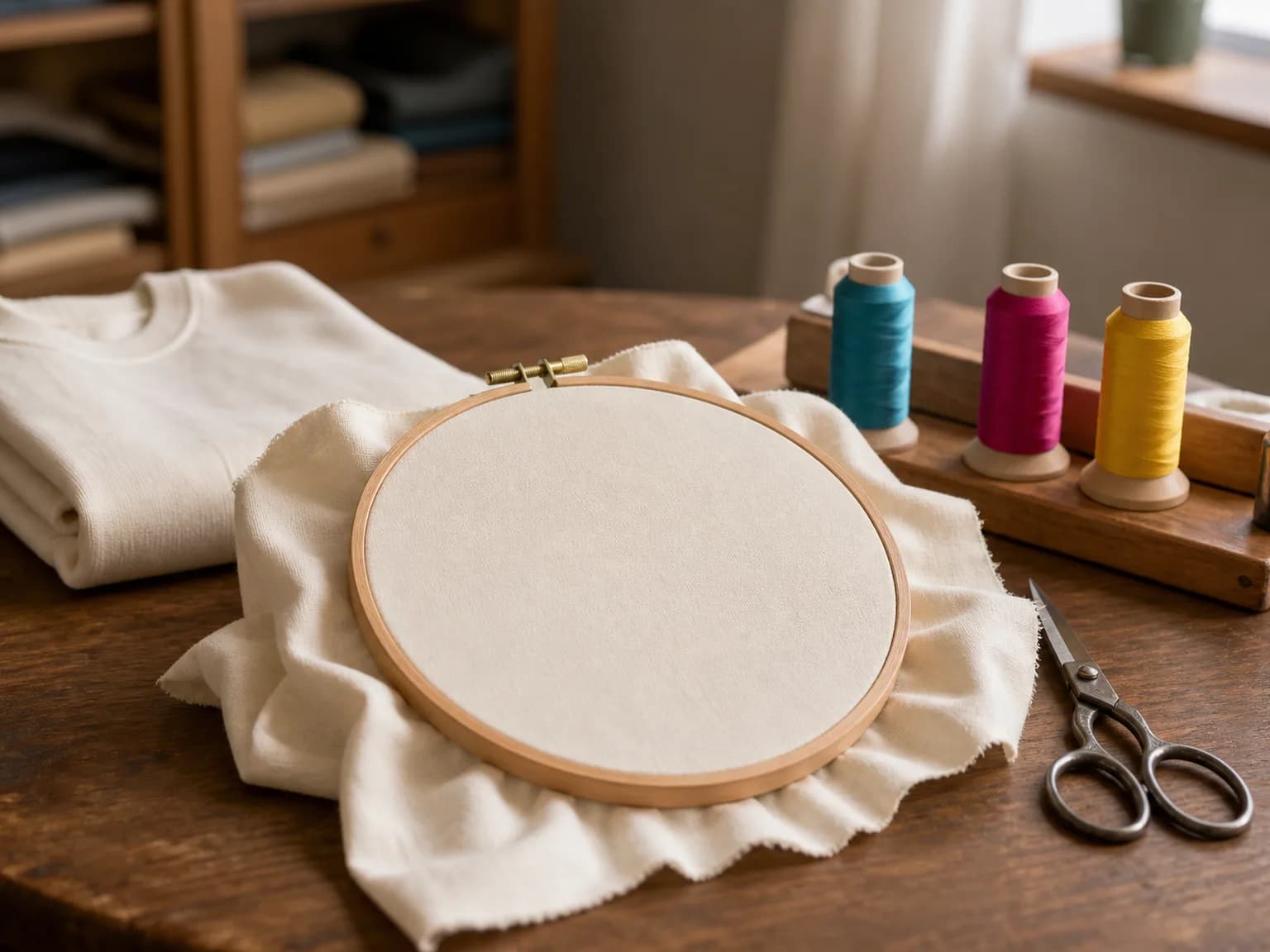 Máquina de coser industrial, tijeras, cinta métrica y prendas dobladas sin marcar en un taller de confección con luz de ventana