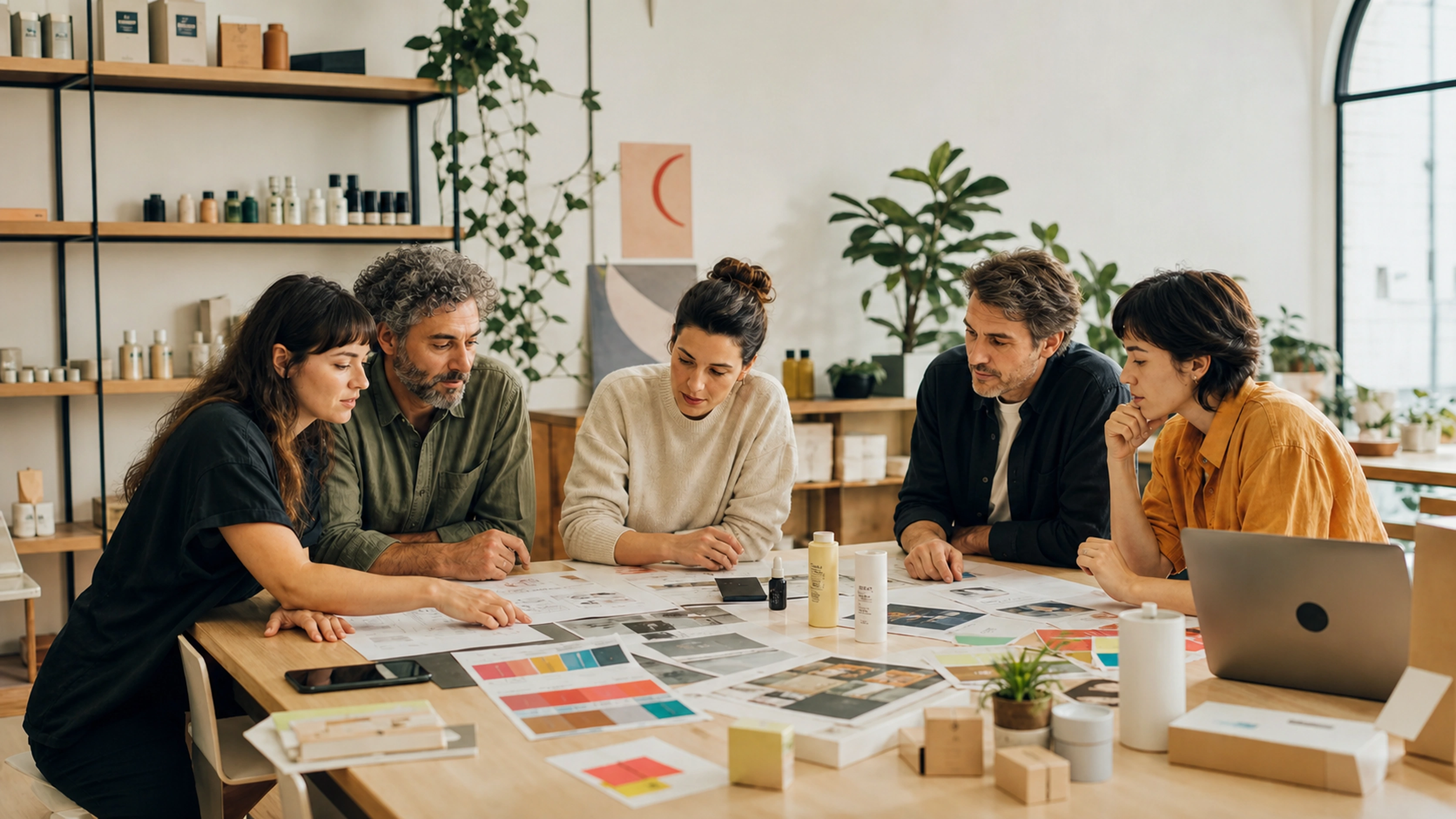 Equipo digital trabajando junto a responsables de negocios sobre web, marca, comercio y procesos