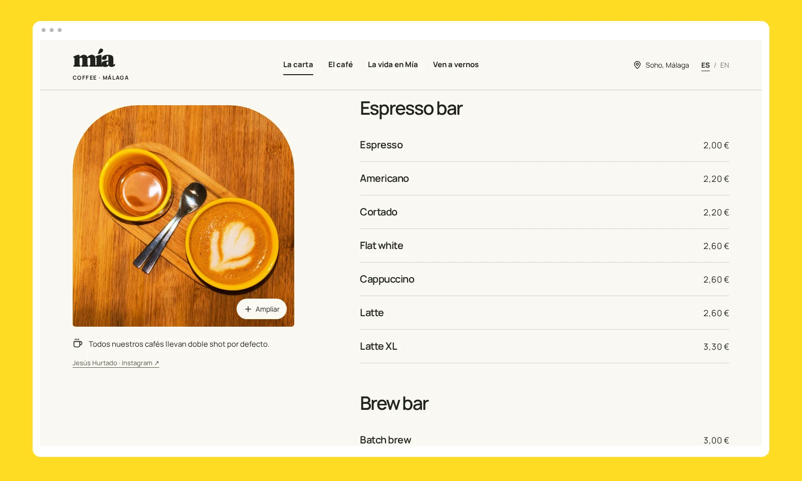 Carta de Mía Coffee organizada como texto dentro de la propuesta web