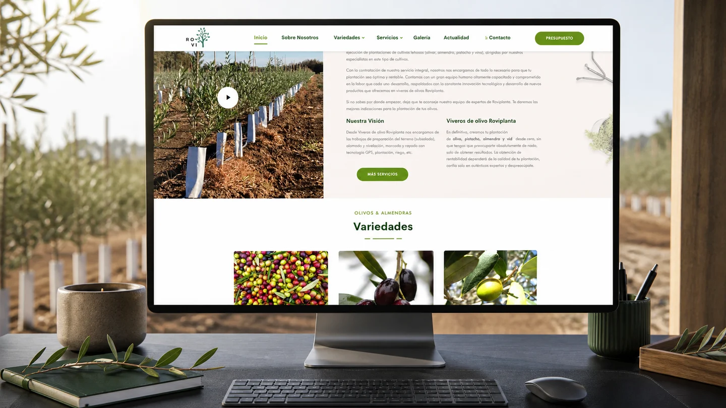 Web de Roviplanta con sus variedades presentada en un entorno profesional del vivero