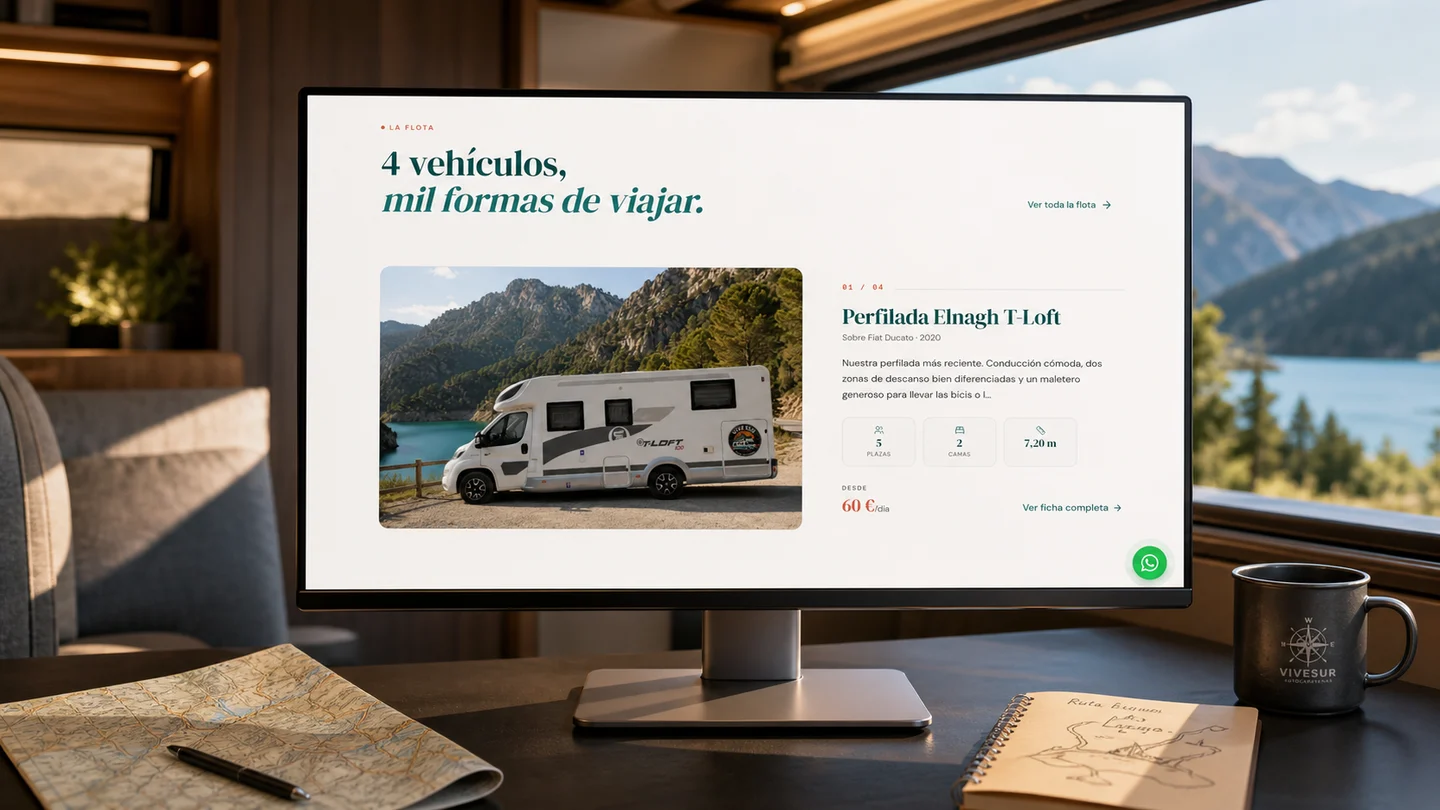 Web de Vivesur Autocaravanas con su flota presentada en un espacio de planificación de viajes
