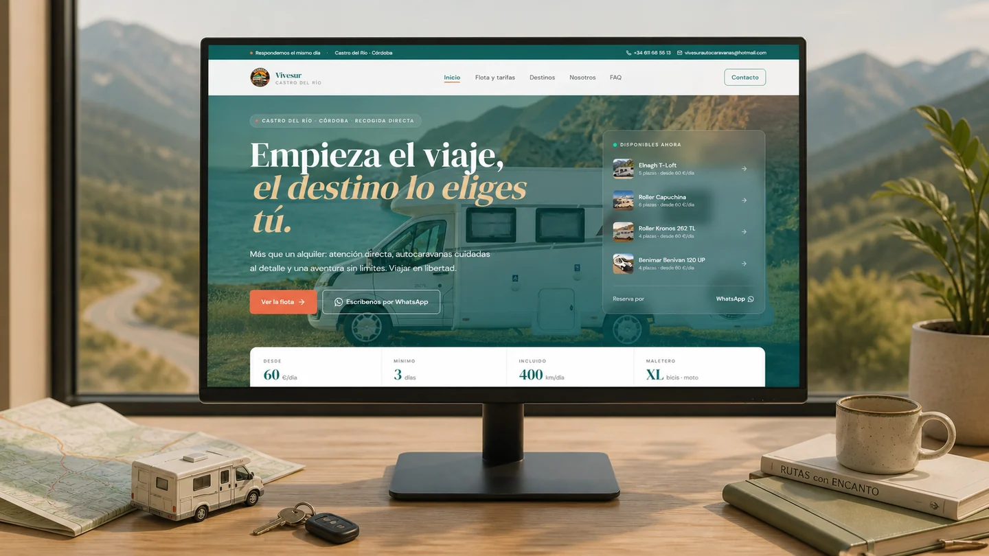Web de Vivesur Autocaravanas presentada en un entorno de planificación de viajes