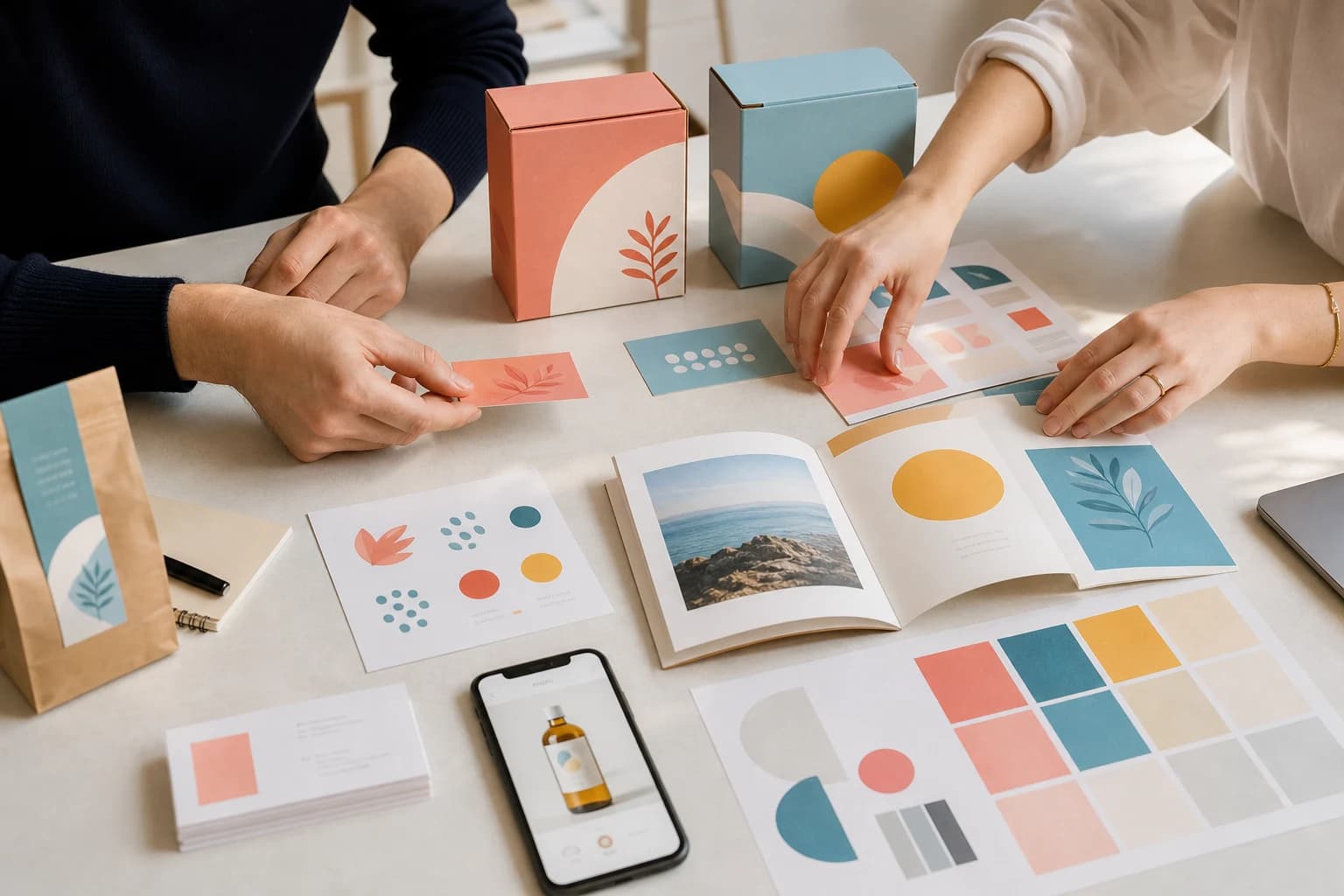 Diseñadores organizando piezas de identidad, packaging y experiencia digital