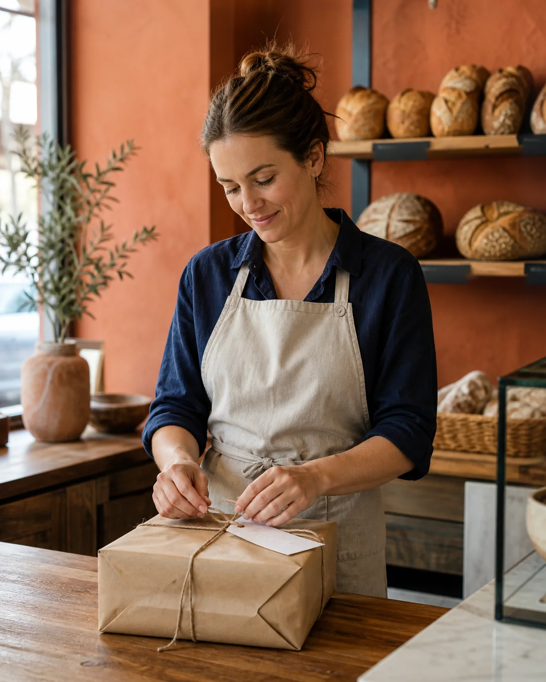 Propietaria de una panadería preparando un pedido para un cliente