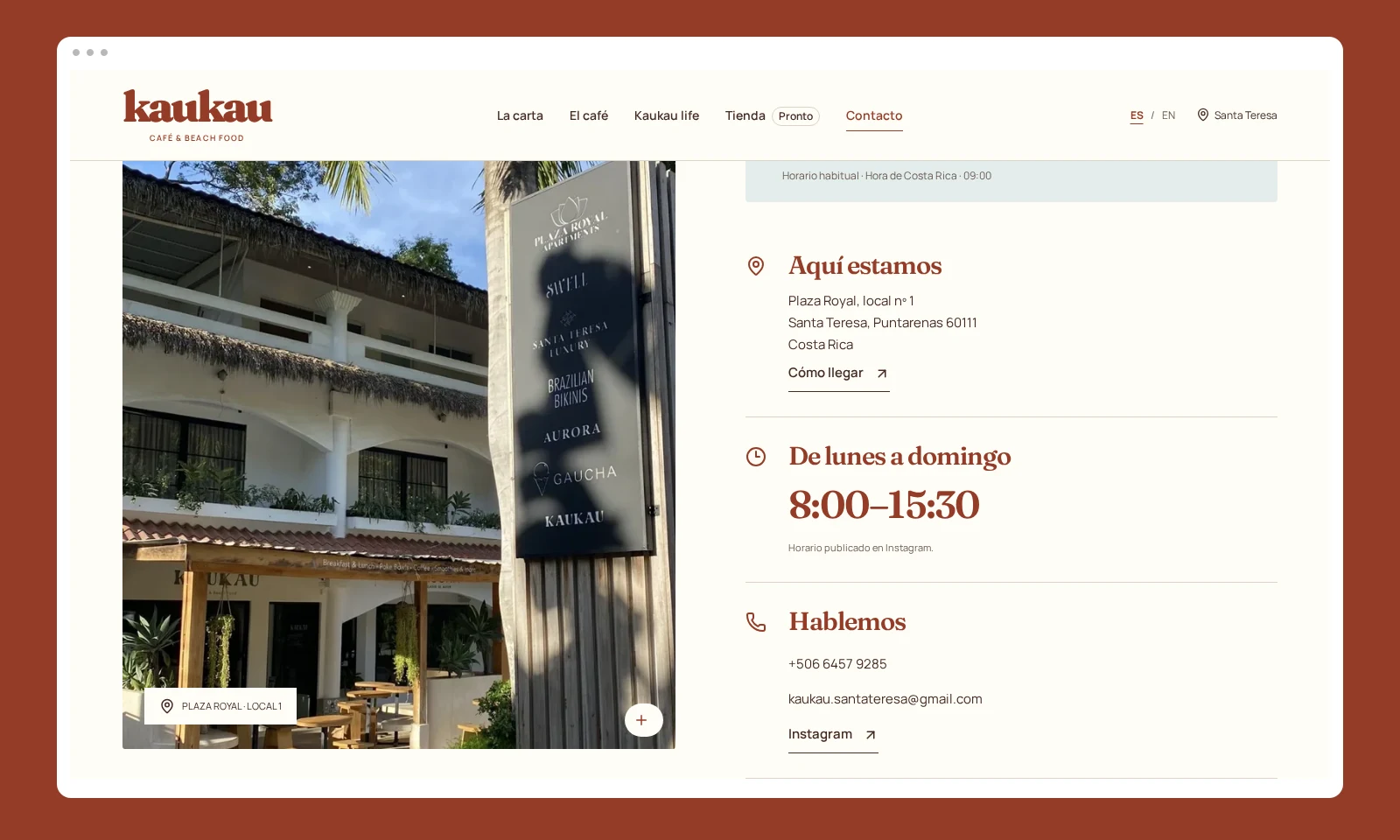 Vista de contacto de Kaukau con información para visitar el café