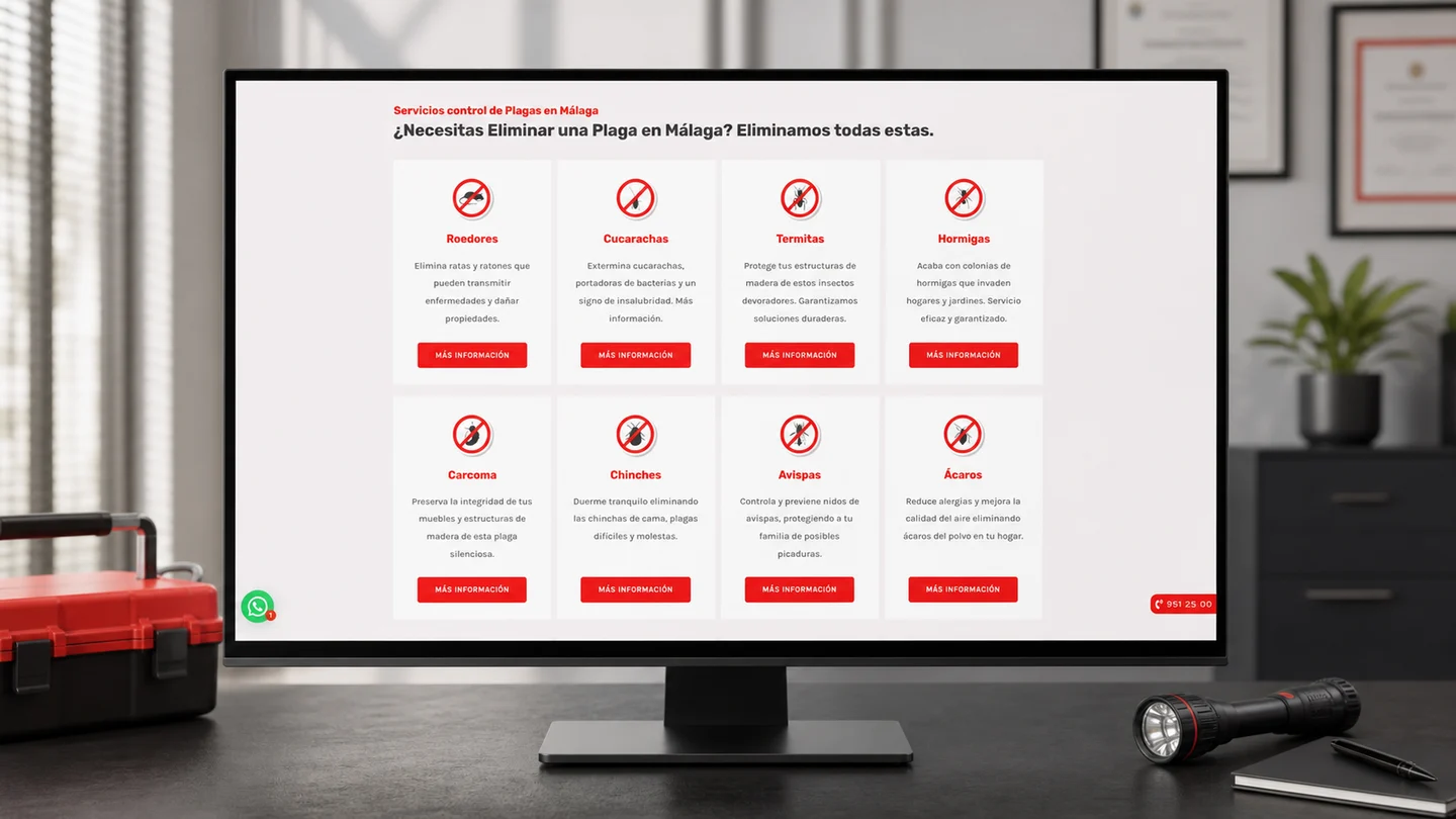 Web de Rapiplaga con sus tratamientos presentada en un entorno profesional de servicio técnico