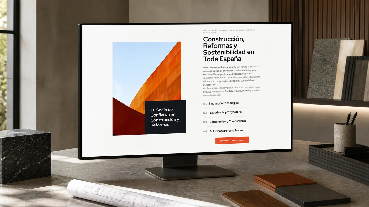 Web de Urbaconst con sus especialidades presentada en un estudio de arquitectura y materiales