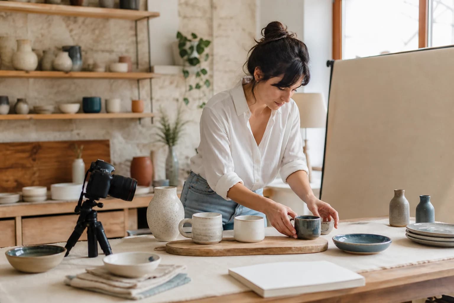 Responsable de una tienda preparando y fotografiando sus productos para el catálogo online