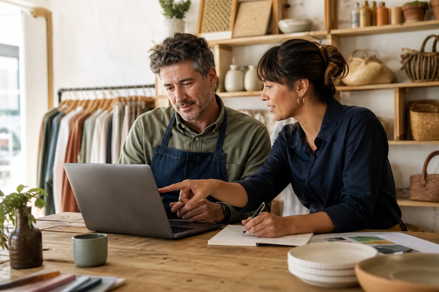 Responsable de una tienda y especialista revisando juntos mejoras para el ecommerce