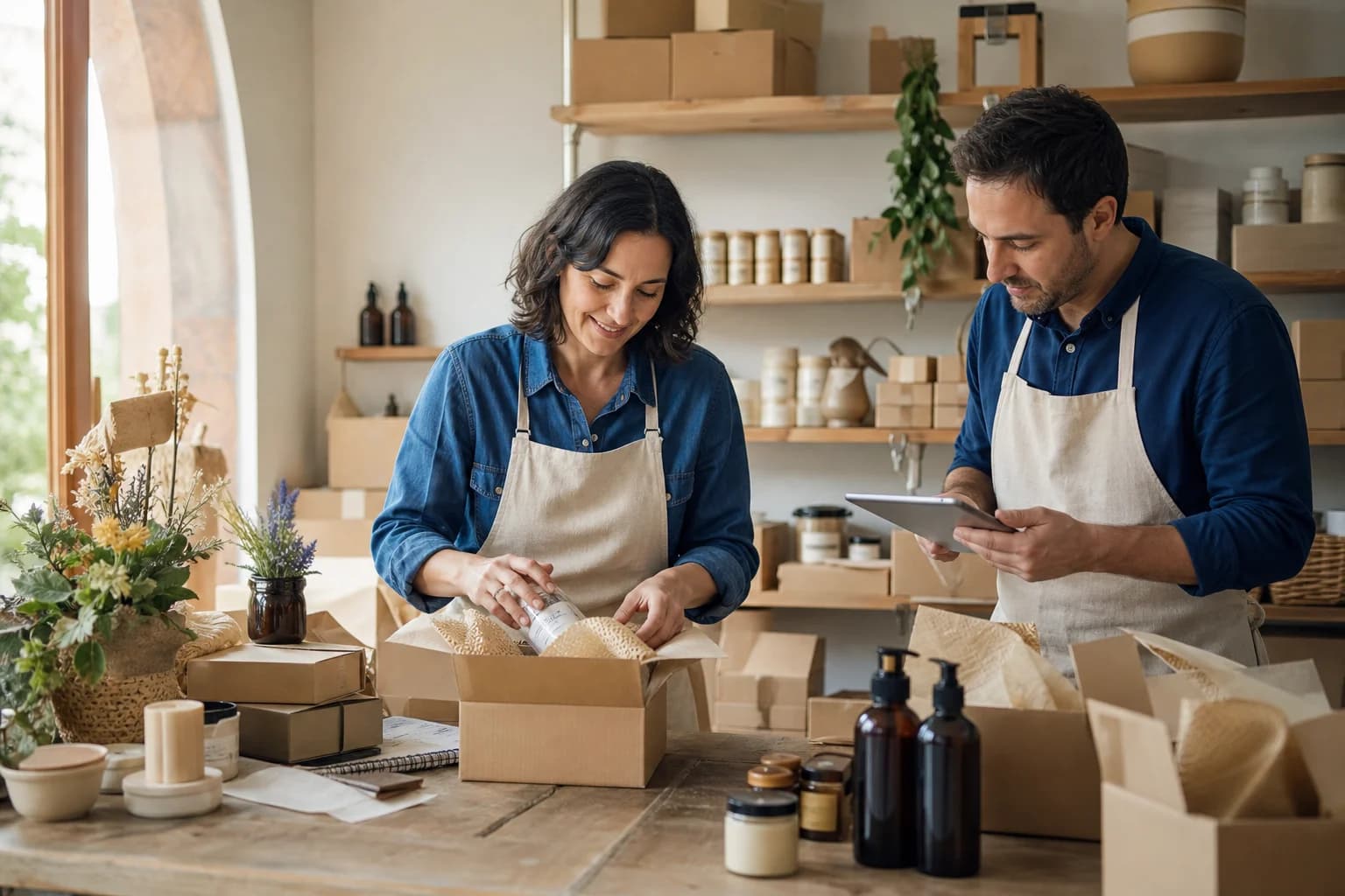 Equipo de un pequeño comercio preparando y comprobando pedidos online