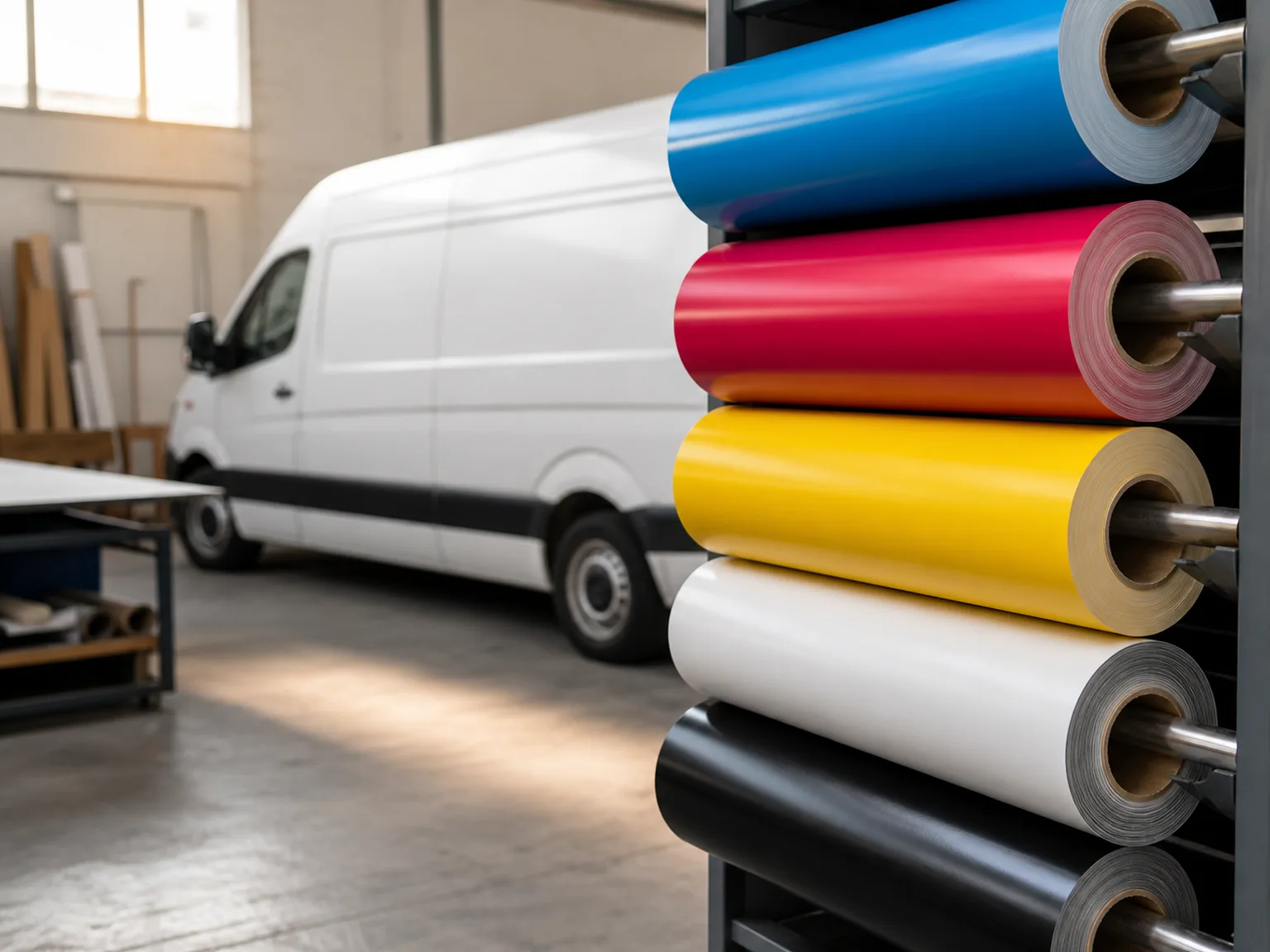 Furgoneta blanca sin rotular dentro de un taller, junto a un mueble con rollos de vinilo azul, magenta, amarillo, blanco y negro
