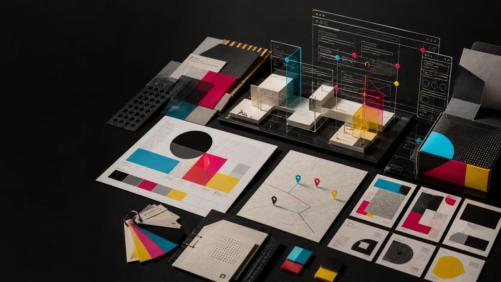 Mesa de trabajo digital con interfaces, recorridos y muestras CMYK