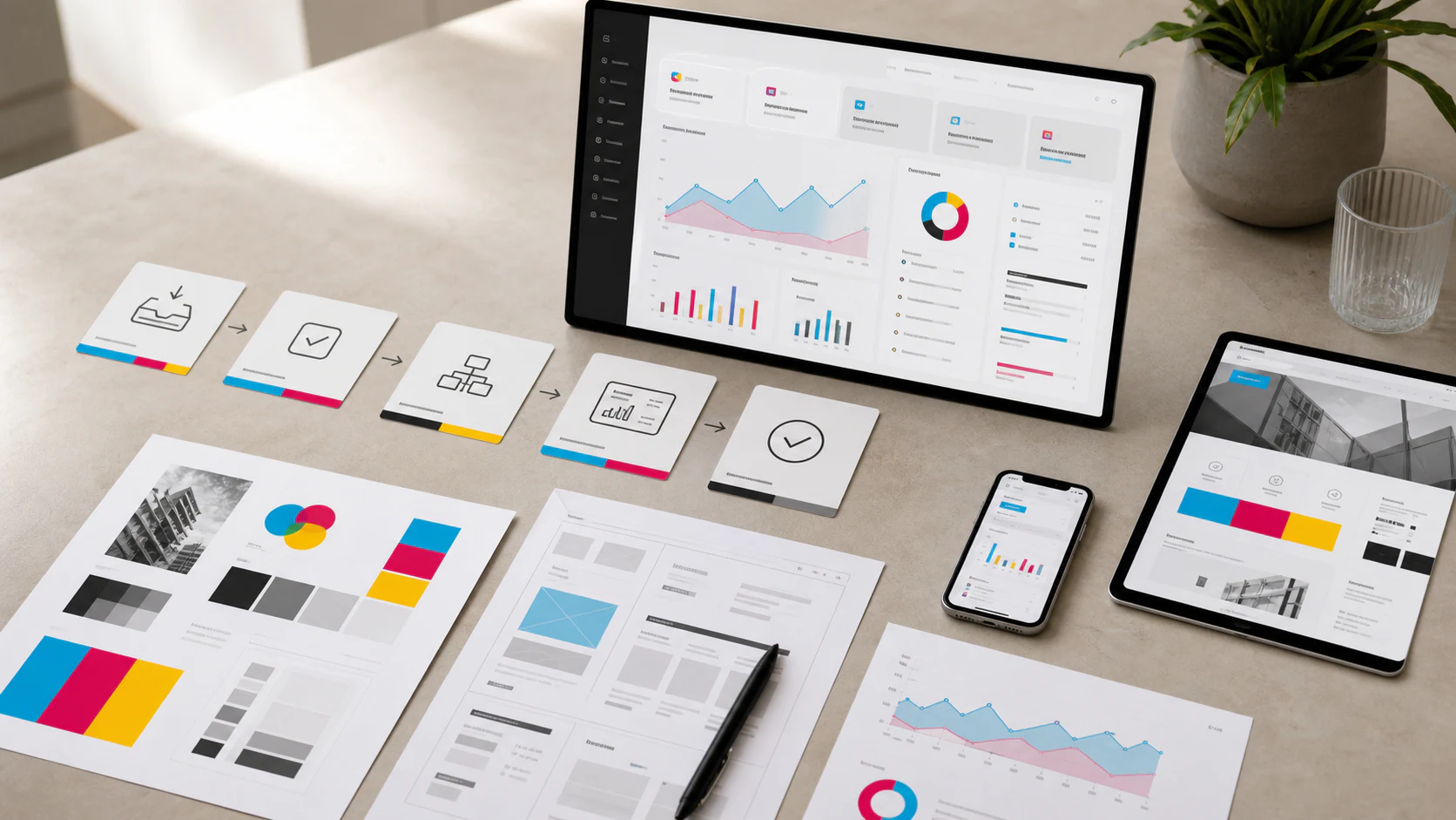 Sistema digital conectado con paneles, recorridos y dispositivos de trabajo