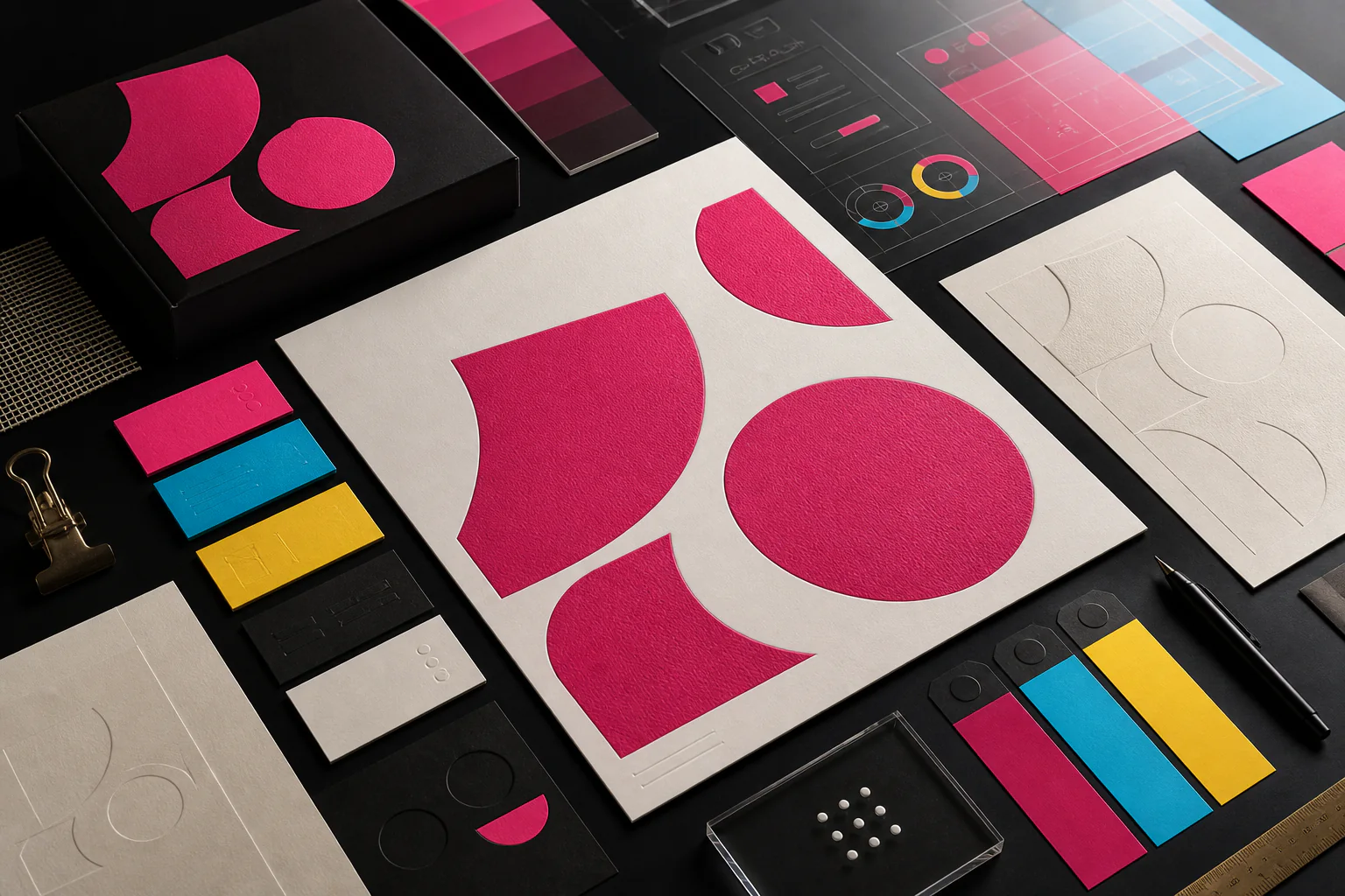 Sistema de identidad visual con formas magenta, muestras CMYK, papeles, acabados y componentes de interfaz sobre una mesa negra