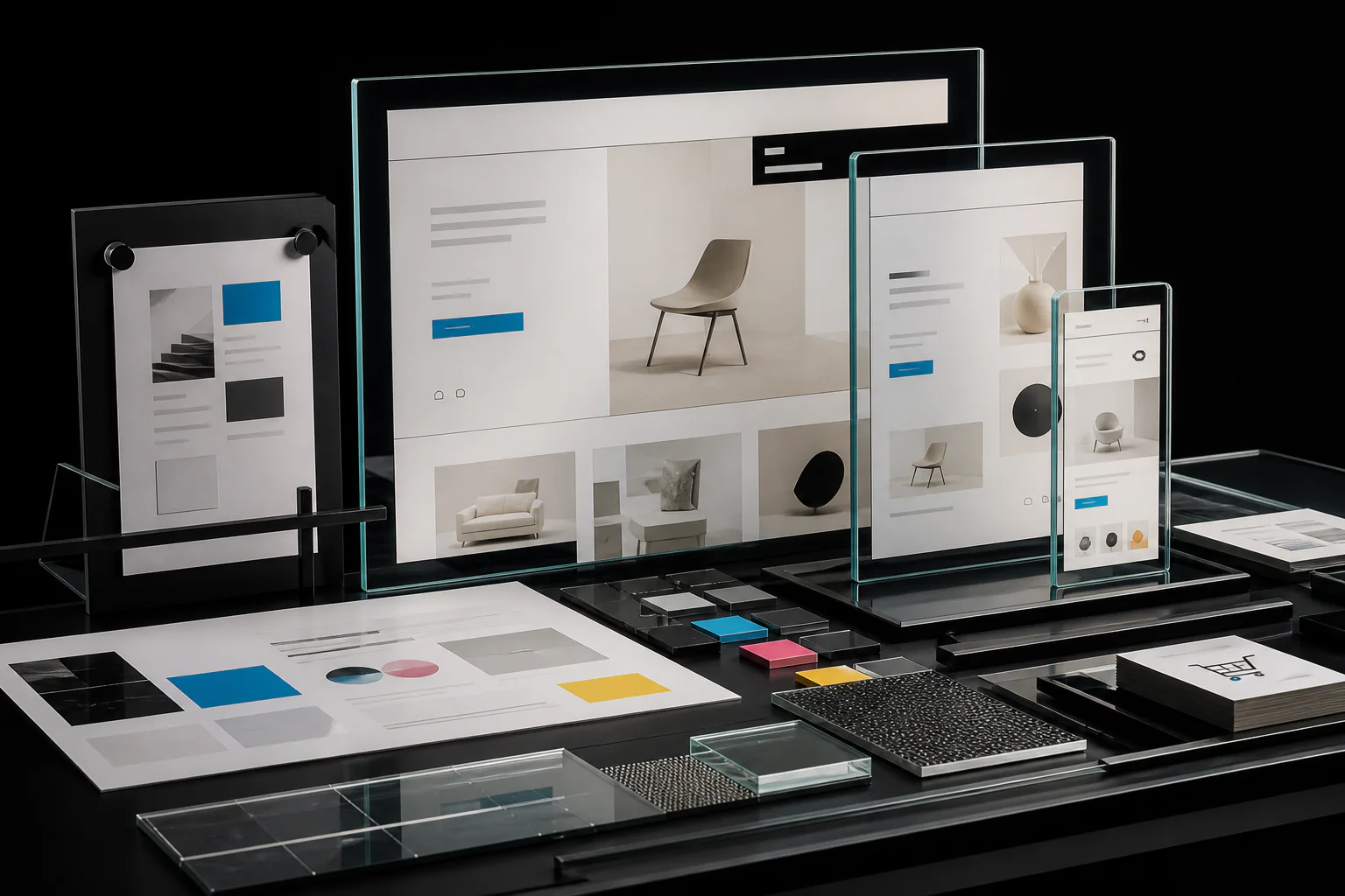 Sistema web responsive representado mediante interfaces de vidrio para escritorio, tableta y móvil sobre una mesa de diseño
