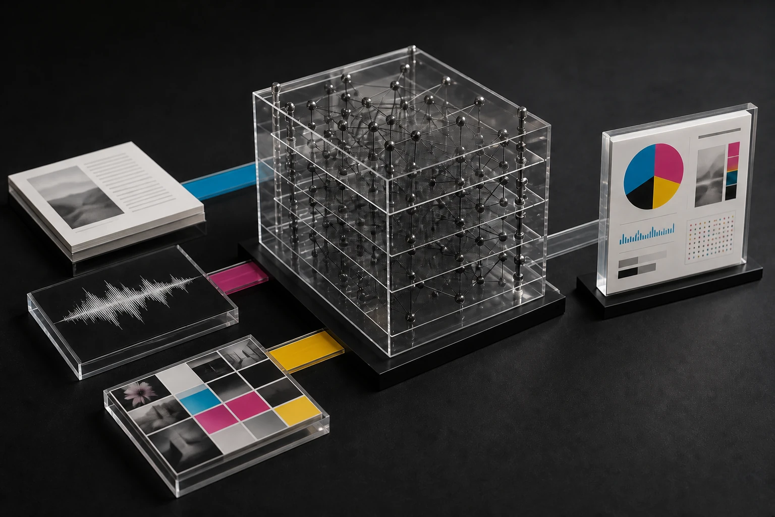 Sistema físico de inteligencia artificial con tres entradas CMYK, una red transparente y una salida estructurada