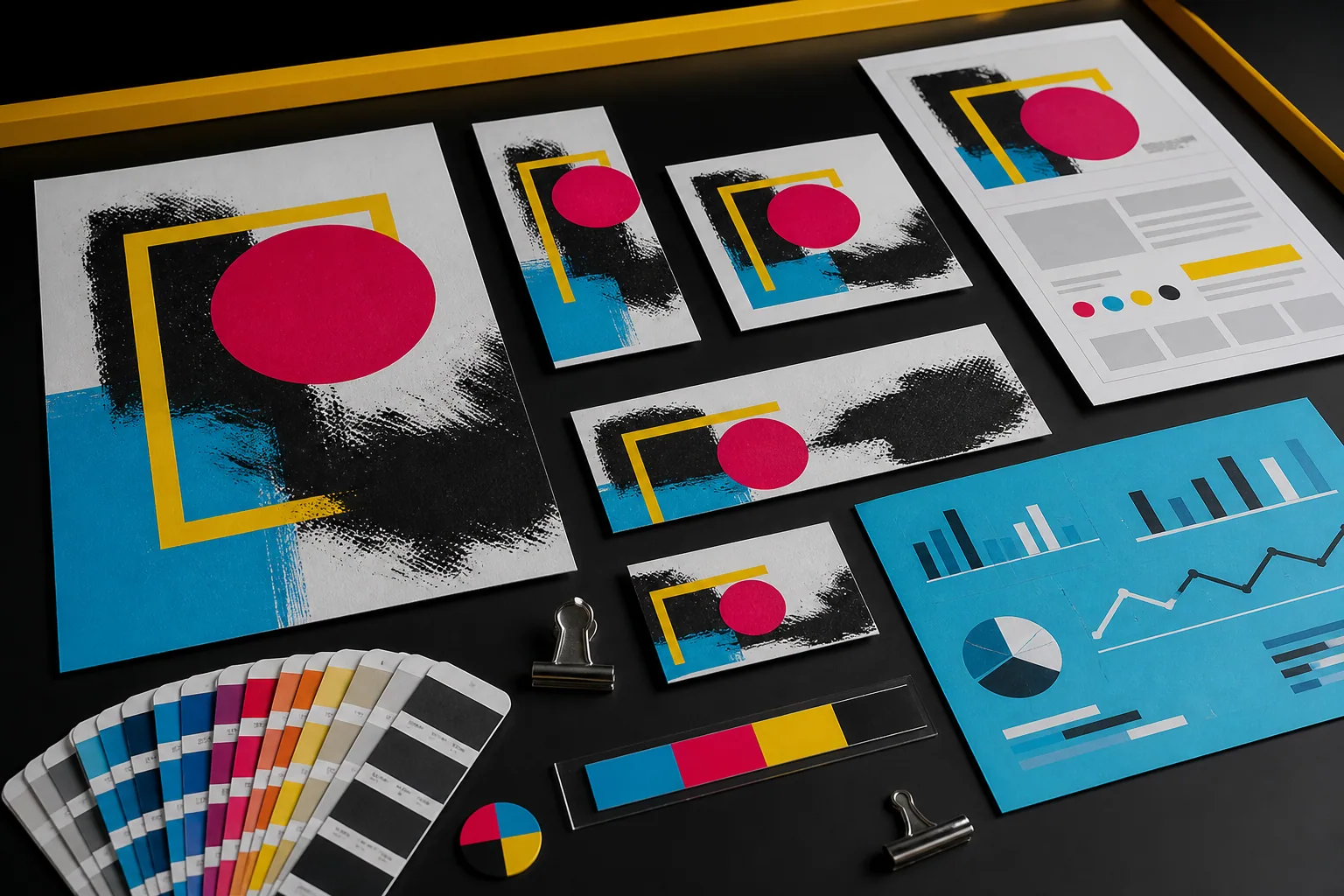 Idea gráfica adaptada a formatos publicitarios, prototipo de landing y panel de medición CMYK