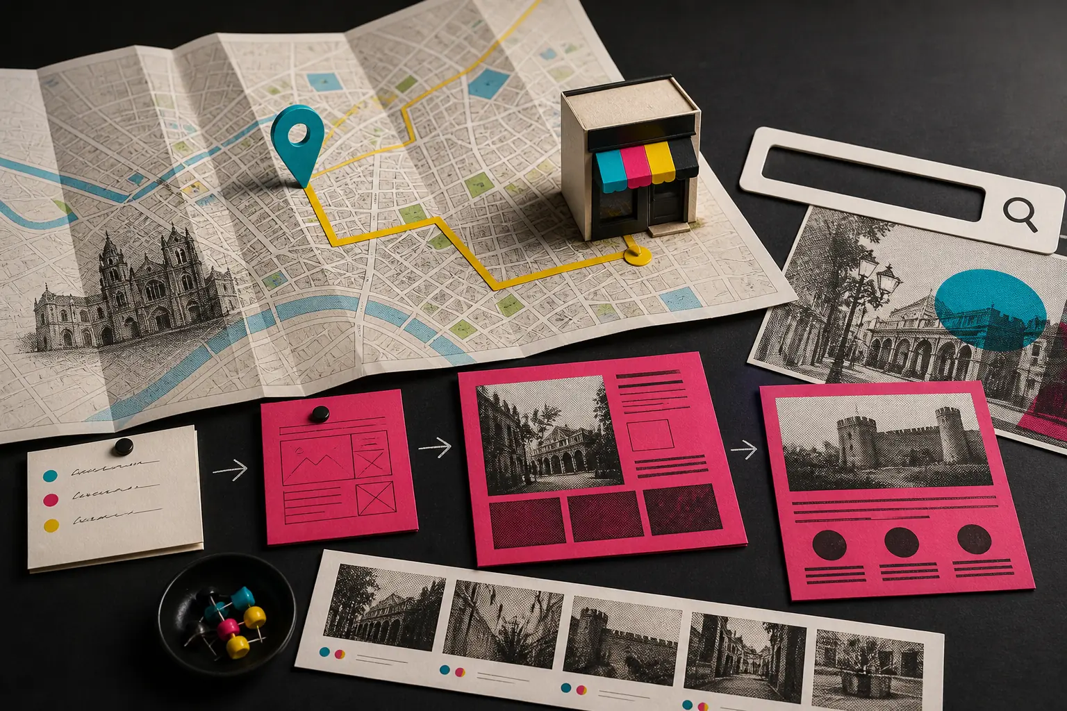 Mapa local con escaparate, marcador de ubicación y piezas editoriales en colores CMYK
